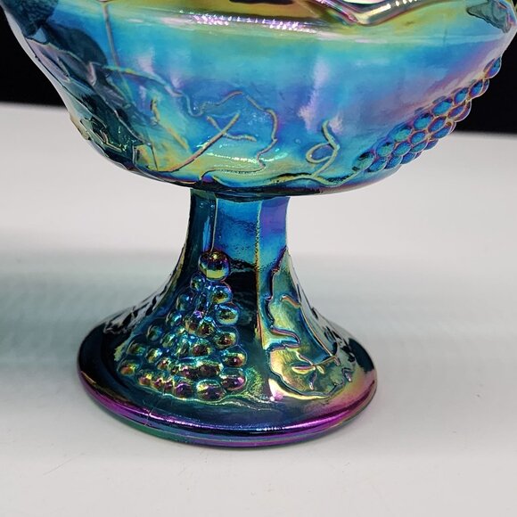 Indiana Grape Pattern Carnival Glass Candle Holders Blue & Iridescent Finish 4" - Picture 4 of 7